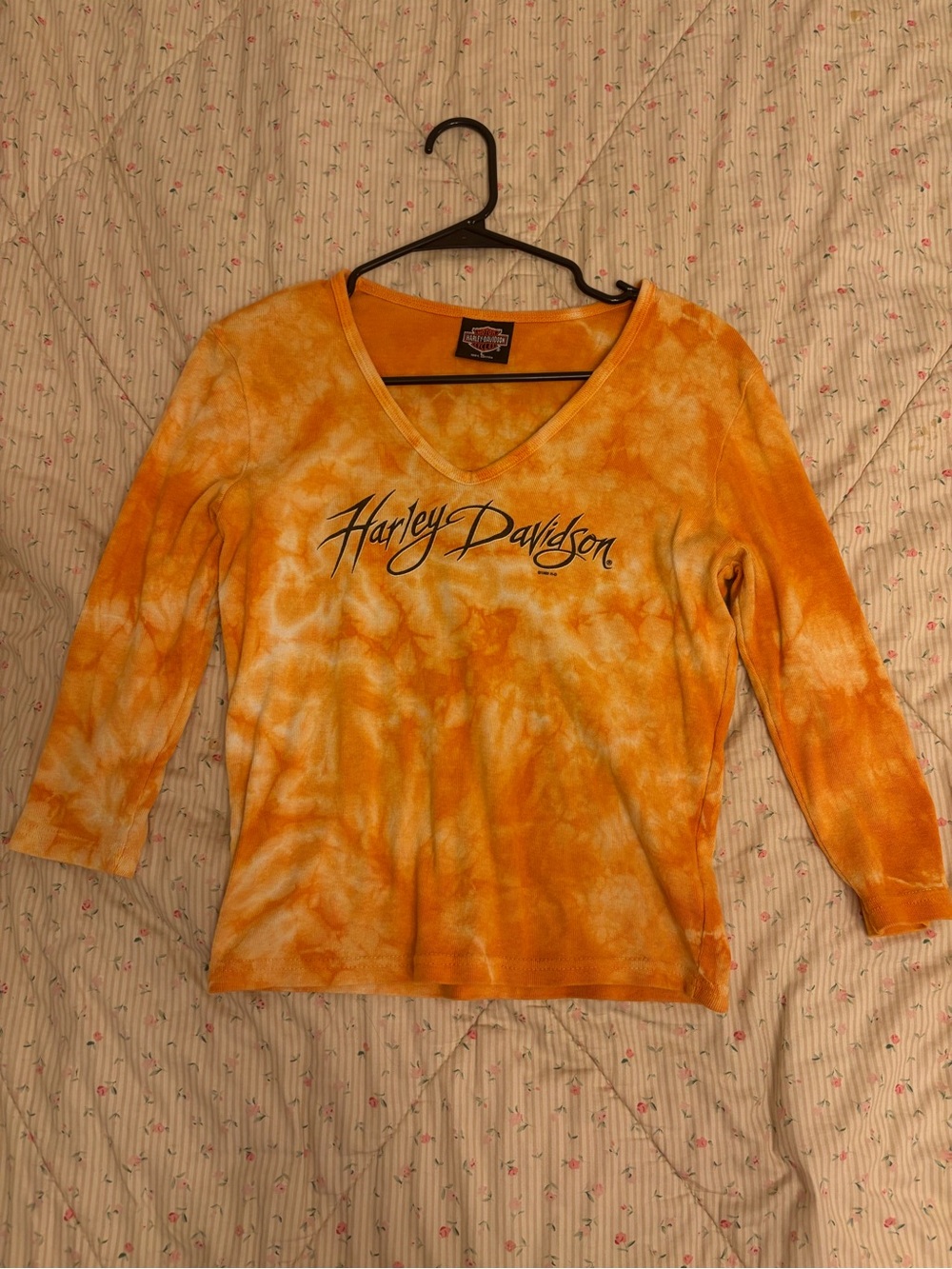 Harley-Davidson Women's Orange Tie-Dye V-Neck Long Sleeve Top